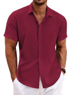 Men's Wine Red Classic Beach Linen Sleeve Casual Imported Button Dow Shirt